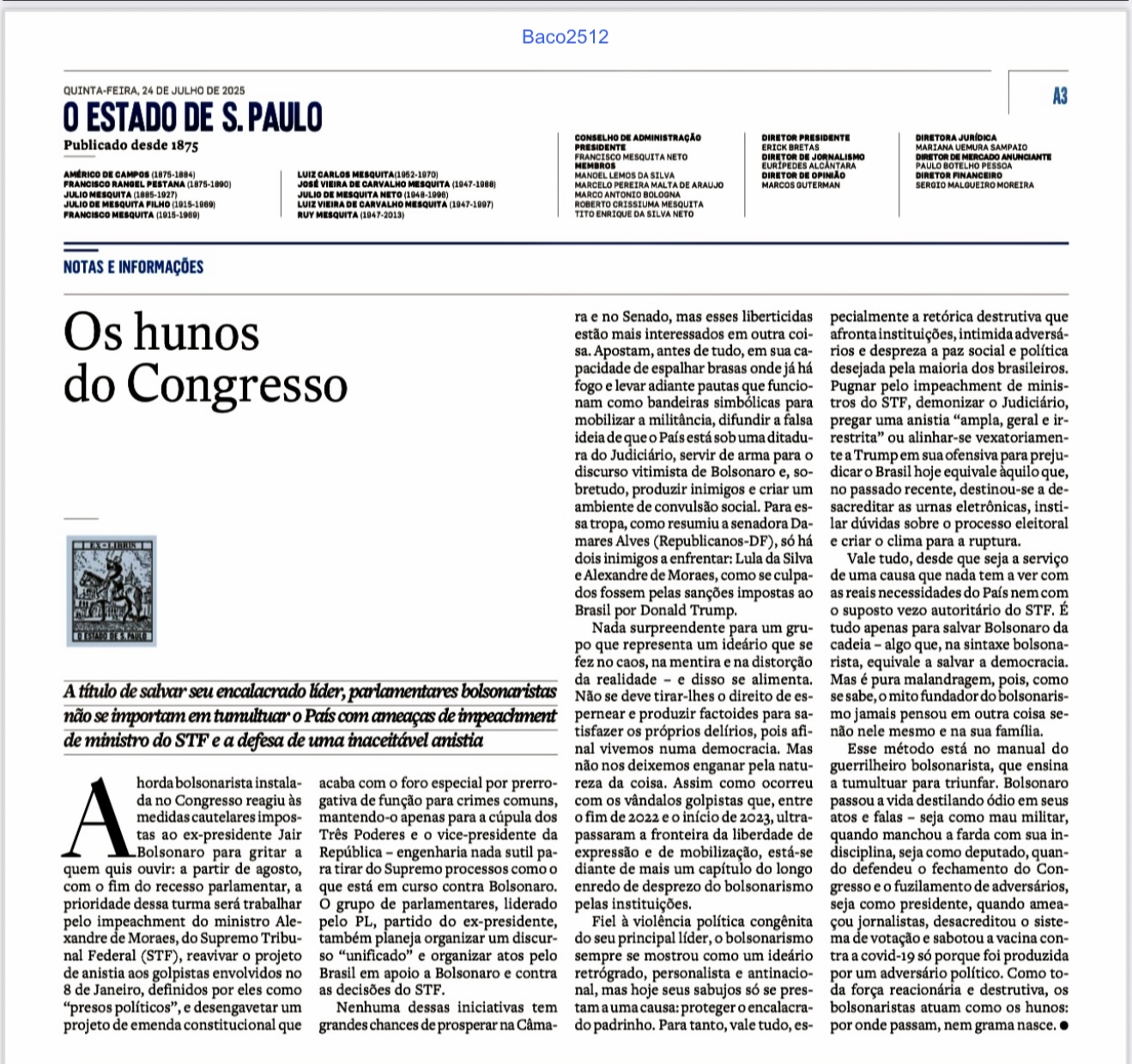 No momento, você está visualizando Estadão alerta: “Os hunos do Congresso” (os hunos eram conhecidos por suas táticas de violência brutais, que aterrorizavam cidades e povos)