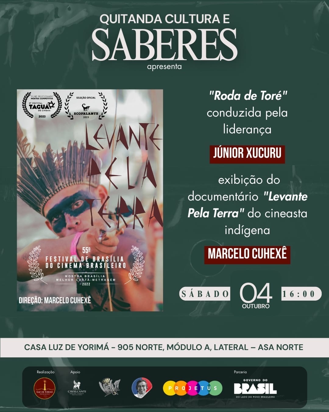 No momento, você está visualizando Projeto Quitanda Cultura e Saberes promove exibição do filme Levante Pela Terra e Roda de Toré do povo Xukuru neste sábado (4)